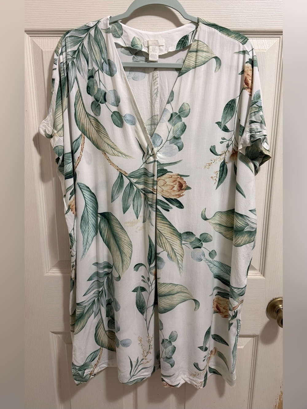 H&M White Floral Tunic with Green and Tan Leaf Print